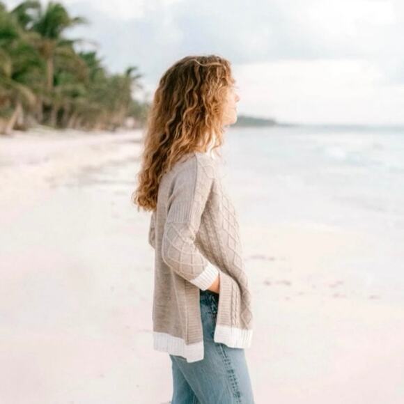 Mersea The Lisbon Traveler Mock Neck Side Slit Sweater in Driftwood and Seasalt - Picture 2 of 12